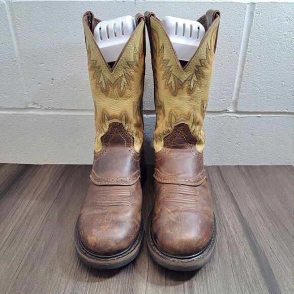 Justin Stampede Men's Western Work Boots Size 8.5D Brown And Tan Leather Cowboy - Picture 1 of 10